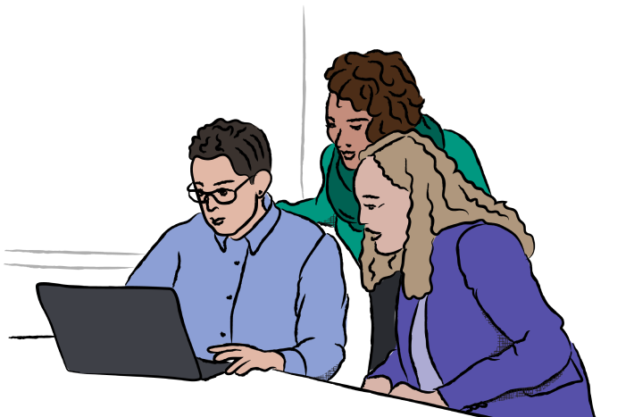 Illustration of three people looking at a laptop together