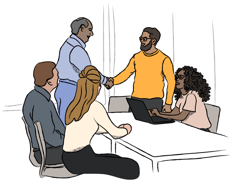 Illustration of a group of people around a table, two shake hands