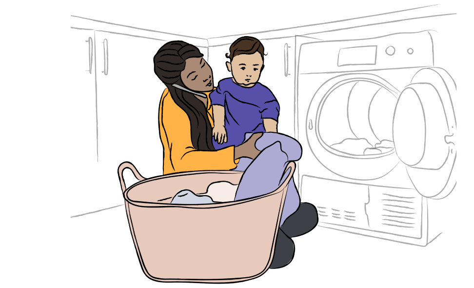 Illustration of parent holding their child while doing laundry and on the phone