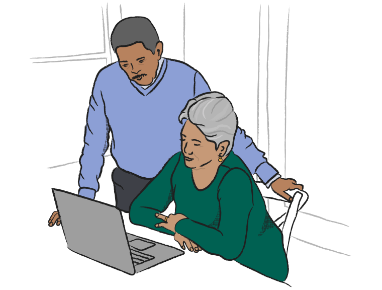 Illustration of a looking at a laptop screen together