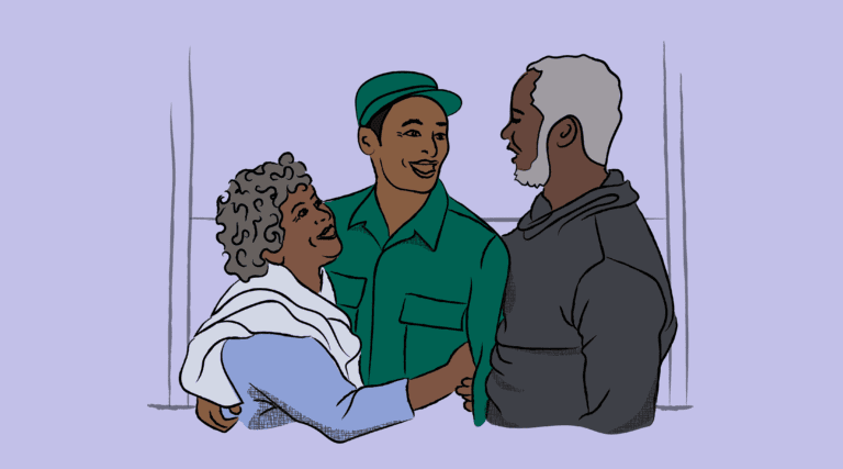 Illustration of three adults embracing and smiling