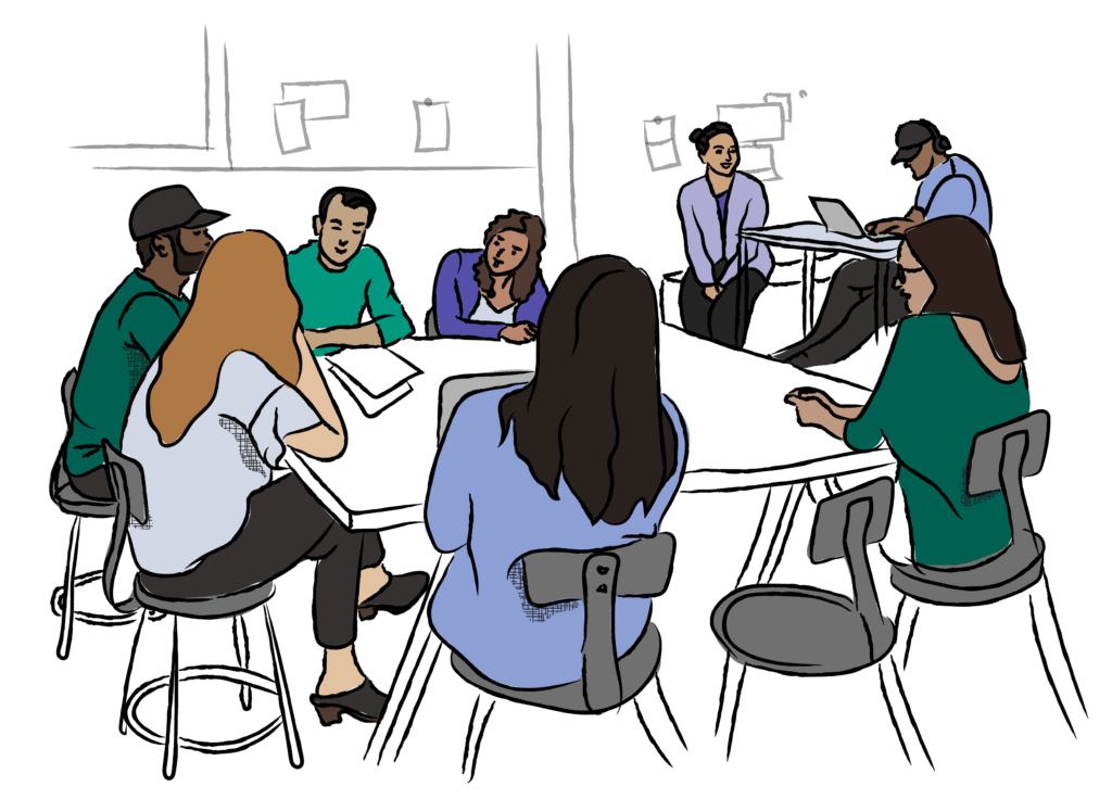 Illustration of a group of people talking and working together