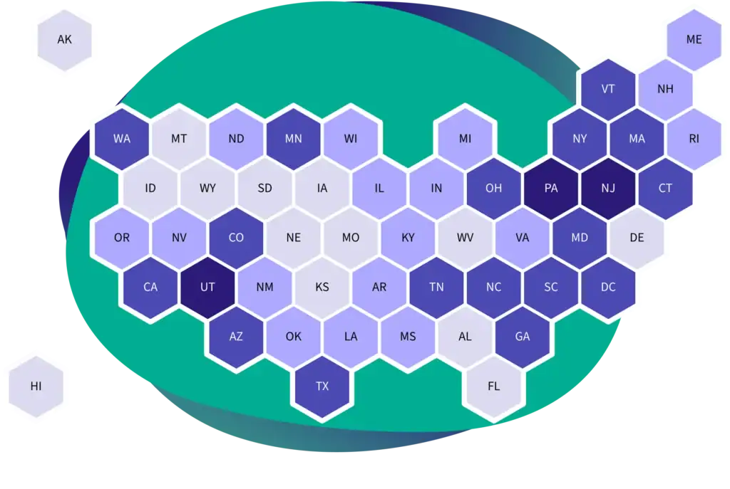 Hexagon map of the US showing levels of state AI readiness